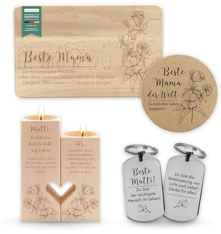 LAUBLUST Geschenk-Set für Mama - Geschenk zum Muttertag mit Text | Frühstücksbrettchen, Schlüsselanhänger, Korkuntersetzer, Kerzenständer als Mutter Geschenke | Geschenkidee zu Weihnachten, Geburtstag