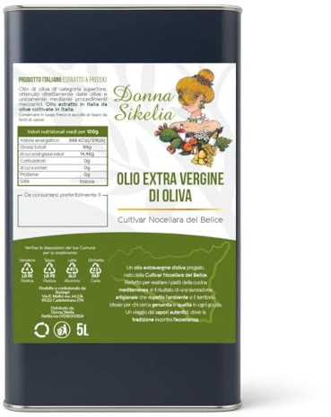 Donna Sikelia Olio Extravergine di Oliva 5L da Olive Cultivar Nocellara del Belice 100% Italiano Estratto a Freddo Fruttato Medio Lattina