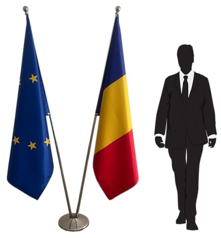 Conjunto de banderas Rumania y Unión Europea con arrastres desmontables y base estable, perfecto para oficinas, embajadas, escuelas y ceremonias oficiales. Código CN3-EU-RO