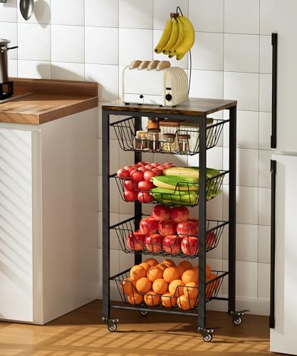 Garbuildman Chariot de rangement de cuisine à 5 niveaux avec paniers métalliques coulissants – Organiseur de fruits et légumes avec dessus en bois et support banane pour garde-manger, salon, salle de