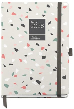 Miquelrius - Dagbok för sida 2026, lätt att bära (122 x 168 mm), daglig planering, hårt kartongomslag, spiral, elastisk gummiförslutning, 80 g/m² papper, ES-EN-PT, Terrazzo