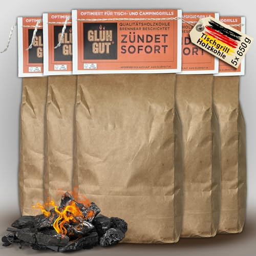 Glühgut Tischgrill-Holzkohle 650g x 5 (3.25 KG) – mit Anzündbeschichtung – Grillkohle, raucharm & schnellstartend – Körnung 20–50 mm – ideal für Lotus Grill, Balkon & Camping