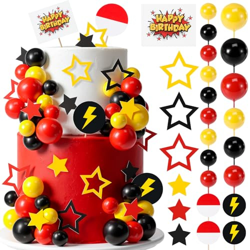 63 Pcs Cartoon Cake Topper Decorations Red Yellow Black Ball Star Cake Toppers with Happy Birthday Insert Set Birthday Party Supplies for Cartoon Video Game Theme Boys Girls Baby Shower Decor