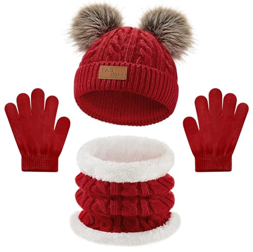 Warmiehomy Girls Hat Scarf and Gloves Set 3 in 1,Kids 3Pcs Winter Beanie Pompom Hat Fleece Lining Scarf Knitted Gloves Winter Accessories Sets for Aged 2-8 Children Outdoor Activities (Red)
