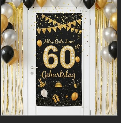 60 Geburtstag Hintergrund 185×90 cm, Deko 60 Geburtstag Mann, Elegante Schwarz-Gold Deko, Perfekte Partydekoration Banner, Geburtstag Deko Frau