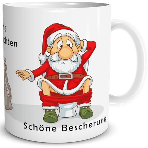 TRIOSK Lustige Weihnachtstasse Santa auf dem Klo mit Spruch Frohe Weihnachten! Schöne Bescherung! - Witzige Weihnachtsmann-Tasse als Geschenk für Weihnachtsmuffel & Kollegen - Keramik 300 ml
