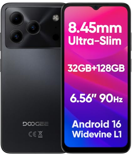 DOOGEE NOTE 56 Pro Android 16 Telefono, Design Elegante e Lineare, 32GB+128GB, 6.56 IPS 90Hz, 4G Smartphone Cellulare, Fotocamera 13MP+8MP, Batteria 6200mAh, Dual SIM, Widevine L1, GPS NFC, Nero