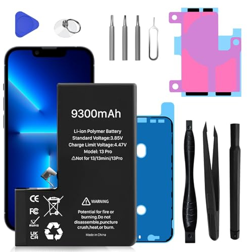 Batterie pour iPhone 13 Pro, 9300mAh Nouvelle Mise à Niveau Batterie Haute Capacité de Remplacement pour iPhone 13 Pro, A2638, A2483, A2636, A2639, A2640 avec Kit de Réparation