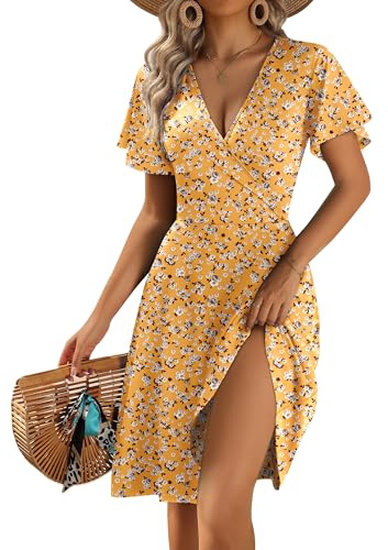 Zeagoo Robe d'été pour femme - Col en V - Manches courtes - Motif floral - Avec poches - Volants - Manches - S-XXL