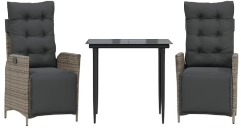 Foknhdi 3-TLG. Gartenmöbel-Set Rattan Grau 80 cm Balkontisch Glas 2 verstellbare Gartensessel mit Polster Robust und Modern für kleinen Balkon Terrasse und Wintergarten