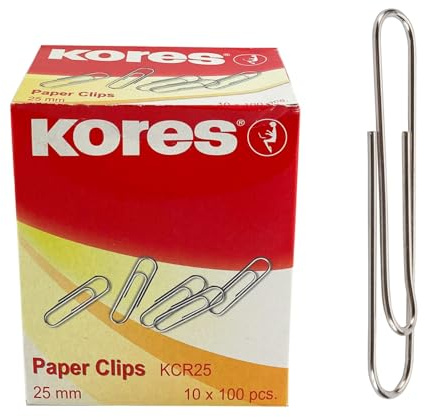 Kores 43010 - Kleine Büroklammern aus Metall für Schule, Büro und zuhause, Verzinkter Stahl, Stark und Langlebig, 25 mm, Packung aus 10 Schachteln zu je 100 Klammern