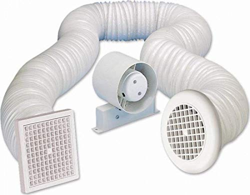 Airvent 434446A Inline Loft Extractor Fan with Timer 4 / 100mm for Bathroom - Full Kit including Ducting & Grilles, White