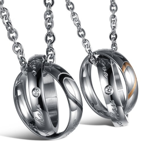 JewelryWe Schmuck Freundschaftsketten mit kostenloser Gravur, Edelstahl Partner-Anhänger Halskette mit His Queen Her King Krone Ringe, Paar Anhänger Kette für Damen Herren, Schwarz Rosegold Silber