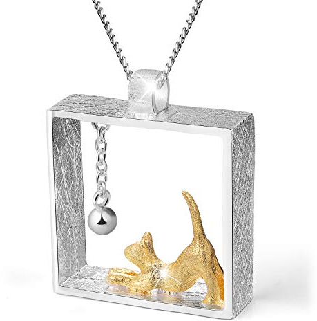 ✦Gift for Christmas✦ Lotus Fun S925 Sterling Silver Necklace Pendant Cat Playing Balls Pendant with Necklaces Link Chain Length 17inches, Handmade Unique Jewelry Gift for Women and Girls