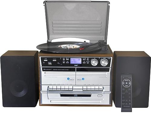 Soundmaster MCD5550 Bluetooth HiFi System with FM/DAB Radio, Twin Cassette, Tape Recording, CD Player & Record Player Turntable (BLUETOOTH/DAB/FM/CD/TAPE REC/TURNTABLE - BROWN)