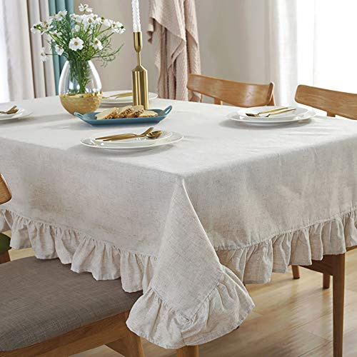 Lanqinglv Beige Tischdecke Abwaschbar Rechteckig Baumwolle Leinen Tischdecke 140x260cm Rüschen Einfarbig Gartentischdecke Couchtisch Outdoor Tischtuch Vintage Hochzeit Dekoration (140x260,BE)