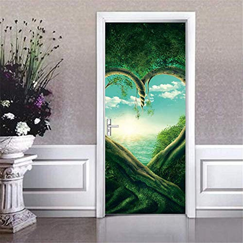 XIANGPEIMENTIE Grünen Wald Herz Baum Tür Aufkleber Schöne Familie Vinyl Aufkleber Für Tür Kinderzimmer Wohnkultur Tür Aufkleber PVC Wandtattoos Abnehmbare Tapete 77 * 200 cm