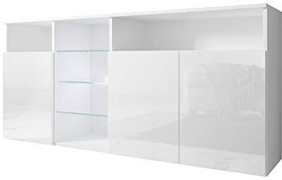 MB Muebles Bonitos | Buffet Clark avec Lumière LED et 3 Portes pour Salon et Salle à Manger | Meuble Moderne en Mélamine Brillante | Couleur Blanc | 150x72x35 cm