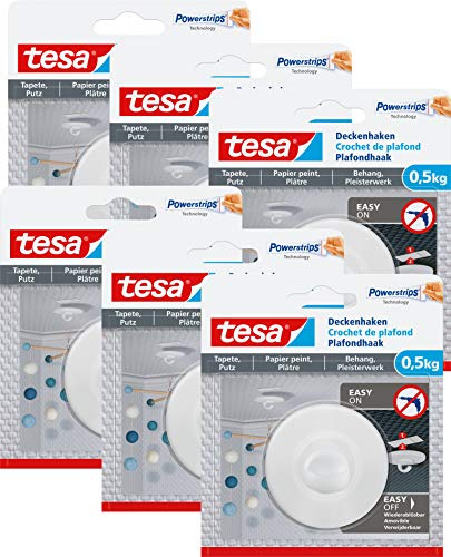 tesa 77781 Deckenhaken Tapeten & Putz - ideal zur Befestigung von Deko-Objekten-hält bis zu 0,5kg/Haken-spurlos ablösbar, Weiß (6er Pack)