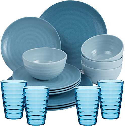 Camping Geschirr Set aus Melamin 16 Teile elegante in blau mit Wasserglas - für 4 Personen - Essgeschirr Gläser Wasserglas Tumbler - Campinggeschirr Picknick ideal modern Outdoor
