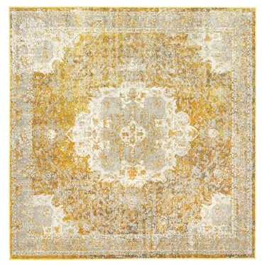 RugVista Nadia Teppich, 200 x 200 cm, Gelb | Vintage, Quadratisch, Niedriger Stapel, Nur chemische Reinigung, Oeko-Tex 100