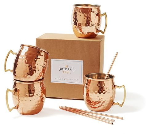 Artisan's Anvil Moscow Mule Mugs with Straws, Comfortable Brass Handle, Stainless Steel Made, Original Hammered Shape, Copper Plated, Set of 4