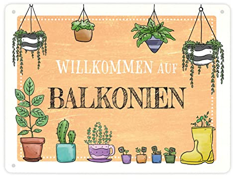 Willkommen auf Balkonien Metallschild XL in 21x28 cm in gelb mit verschiedenen Topfpflanzen als Dekoration für den Balkon Sommer