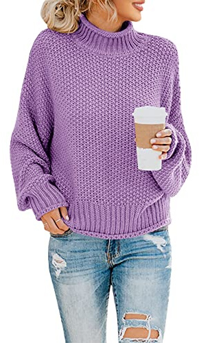 Saodimallsu, Maglione da Donna con Collo Alto, Oversize, a Pipistrello, a Maniche Lunghe, in Morbido Maglione a Maglia Grossa, Casual, Lilla, S