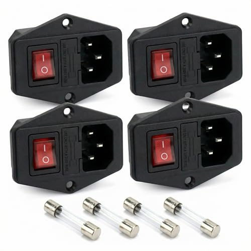 QWORK 4 Stück Kaltgeräte Buchse, 3-in-1-eingang, Sicherungsschalter, 3-polig, IEC320 C14 10A, Mit Schalter, Sicherung Und Licht