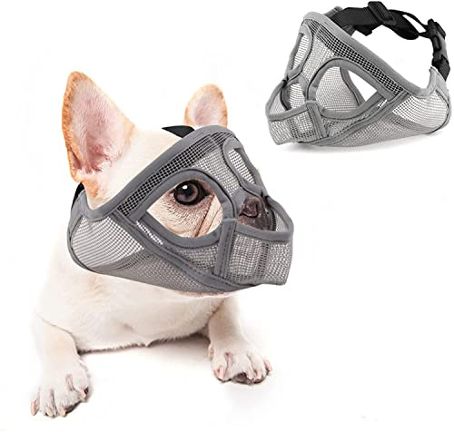 Maulkorb aus Mesh für Hunde mit kurzer Schnauze – Französisch/Englische Bulldogge – verstellbar, atmungsaktiv, Maske zum Beißen, Kauen, Bellen und Trainieren – Grau, XS