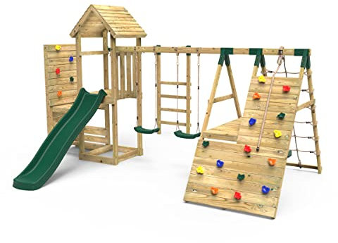 Rebo® Wooden Climbing Frame with Vertical Rock Wall, Swing Set and Slide - Pennine | OutdoorToys | Kids' Outdoor Wooden Garden Play Equipment, Children's Jungle Gym