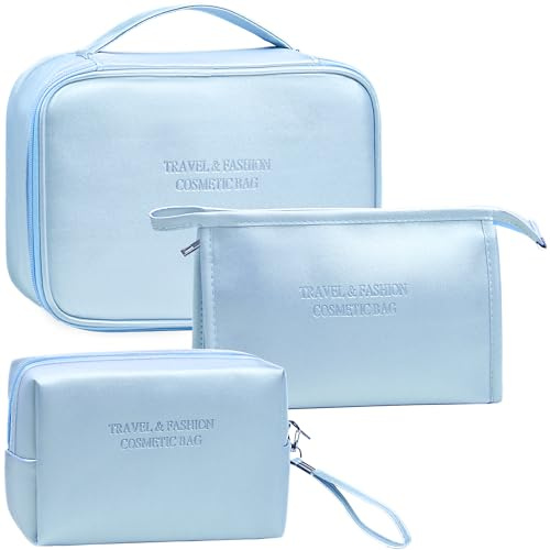 LEcylankEr 3 Pcs Kosmetiktasche Damen Tragbare Reise Make up Tasche PU Wasserdicht Schminktasche Damen Kulturbeutel (Blau)