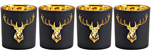 Windlichter für Teelichter aus Glas | 4 Teelichtgläser für den Adventskranz | Teelichthalter Set Weihnachtsdeko Winterdeko (Hirsch schwarz)