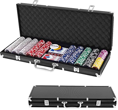 GYMAX Set da Poker Professionale, con 500 Fiches, 2 Mazzi di Carte, 5 Dadi, 3 Pedine Dealer, Valigetta in Alluminio, 56 x 21 x 6,5 cm, Adatto ai Principianti (Nero)