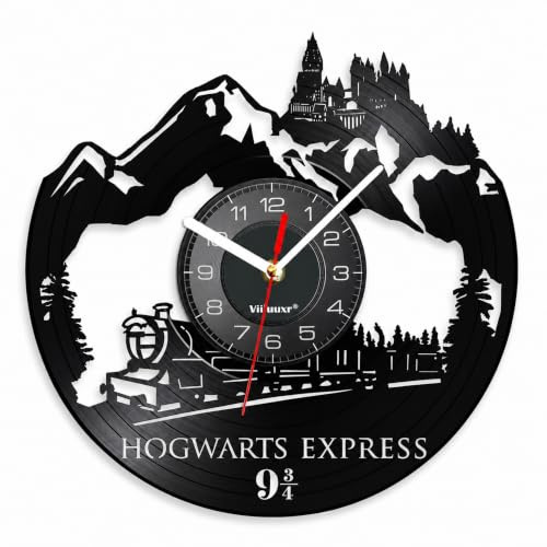 Viiluuxr Ausgefallene Fantasy-Wanduhr 30 cm, leise Vinyl-Uhr, schwarz | Schwarze Wanduhr im Schallplatten-Look mit Schloss- und Zugmotiv, 30 cm, für Wohnzimmer und Gamingzimmer, ohne Tickgeräusche