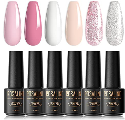 ROSALIND UV Nagellack Jelly, 6 Farben Mini Gel Nagellack Set Hellrosa Weiß Glitzer Rosa Silber Soak für Gelnägel Off UV Gel Nail Polish French Manicure Für UV Lampe