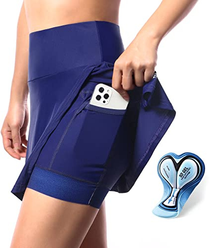 Agolu Radlerhose Fahrradrock Damen Gepolstert Gel 5D, 2-in-1 Kurz Hose Radrock Damen, Fahrrad Frauen Hosenrock mit Tasche und Hoher Taille, Fahrrad Skort Damen mit Innenhose(Size:XL,Color:Blau)