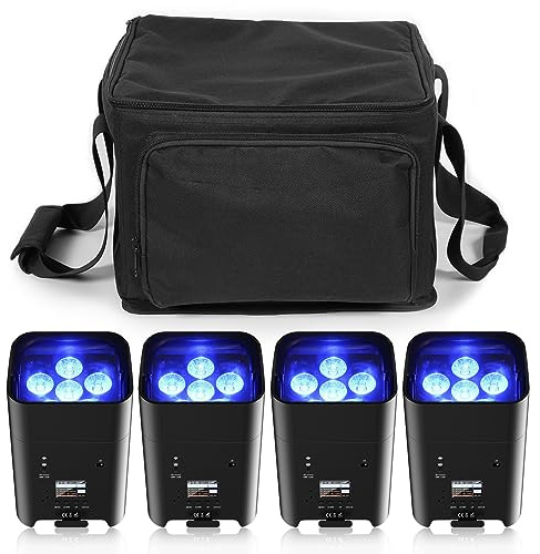 PUZILOZA 4er 108W Akku LED Par Scheinwerfer Strahler mit Tasche, Wiederaufladbarer RGBWA+UV outdoor partylicht DMX/APP Bühnenlicht mit Fernbedienung disco licht für DJ Bar KTV Hochzeit Geburtsta