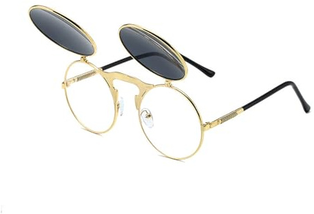 Steampunk Runde Sonnenbrille mit Flip-up Linse - Retro Metallrahmen - Party- und Hippiebrille für Vintage Fasching Requisiten