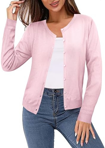 Irevial Gilet Femme Cardigan léger à Manches Longues Col Rond Décontracté Boutons et Design Uni Manteau Tricoté Élégant Rose，L