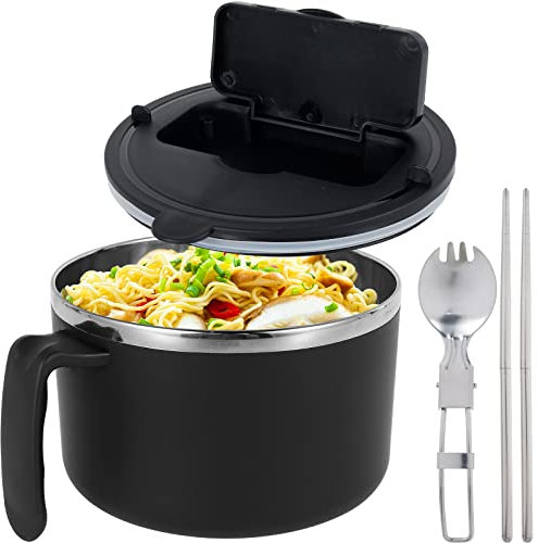 1200ml Rapid Ramen Bowl with Filterable Lid, 304 Stainless Steel Noodle Bowl BPA Free Ramen Cooker, Microwave Noodle Bowl Set with Chopsticks and Spork Portable Soup Bowl for Dorm Home Office (Black)