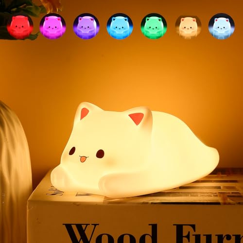 ZKLiLi Nachtlicht für Katze Lampe, 16 Farben+Tap+Silikon Kinder Nachtlicht für Kinder, USB wiederaufladbare Katze für Kinderzimmer (Kätzchen)