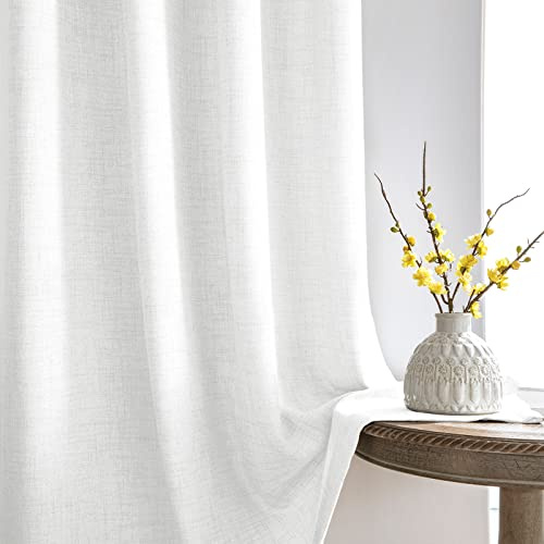 Melodieux 210cm Lang Gardinen mit Kräuselband - Weiss Leinen Optik Vorhänge, Deko Schlafzimmer Halbfrei Vorhang, Vorhang Blickdicht für Schienensystem, Flur, 2er Set, H210 x B140cm