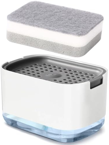 Dish Soap Dispenser for Kitchen Countertop with Sponge Holder, Refillable Non-Slip 2 in1 Automatic Press Type Liquid Box, Durable Hand Washing Accessories Set for Home, School, Office, Hospital(White)