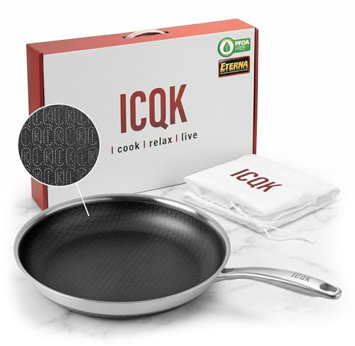 ICQK Padella Antiaderente Triplo Strato (Acciaio Inox + Alluminio) Diametro Ø 20 cm, Antigraffio, NO PFOA, Per Piano Cottura Induzione, Ceramica, Elettrico, Gas, Forno, Manico Anti Scottatura, Fry Pan