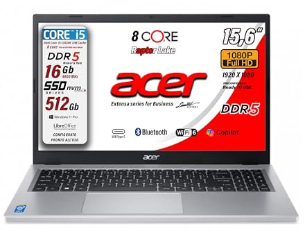 acer Notebook Extensa Intel Core i5-13420H 13Th Raptor Lake, 8Core, Display FullHD 15,6, RAM 16Gb DDR5 4800Mhz, SSD PCIe NVMe 512 Gb, Wi-Fi6, BT, 4 usb di cui 2 USB type-c, Win 11Pro Preconfigurato