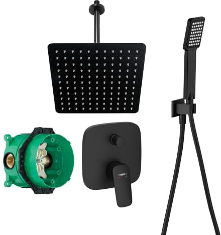 vanvilla Duschsystem Unterputz mit Duscharmatur Hansgrohe schwarz HGS52 | Duscharmatur von Hansgrohe Logis Einhebelmischer und vanvilla Regendusche Duschkopf eckig, Dusch-SET schwarz matt