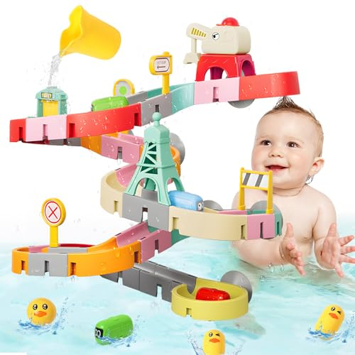 XIAPIA Bath Toys for 2 3 4 Year Olds Gifts, 52PCS Toddler Water Toys Balls Track Game Shower Toys Baby Water Slide Play for Kids, Bathtub Educational Bath Toys for 3-6 Year Old Boys Girls