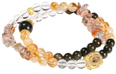 Healingarmband Naturkristall Dubbelcirkelarmband Sommarsmycken För Flickor Guld Obsidian Vit Kristall Grus