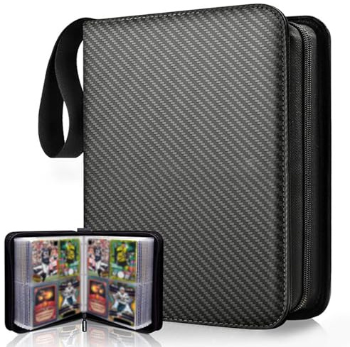 4-Pocket Trading Card Binder, 400 Pocket Cards Binder with Zip, Durable PU Album Material, 50 Top-Loading Pages Folder, Refillable Ring Binder for Collectible Games, MTG, Football, Sports (Black)
